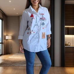 Spring Autumn Long Sleeve Cotton Blouse White Embroidery Shirt Women New 2024 Casual Button Up Turn Down Collar Female top 5083