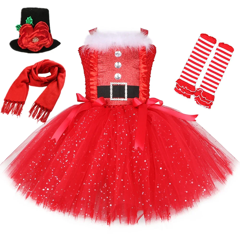 

Блестящее красное платье-пачка с Санта-Клаусом, Рождественский костюм для девочек, блестящее платье принцессы с блестками, детское рождественское официальное платье на новый год