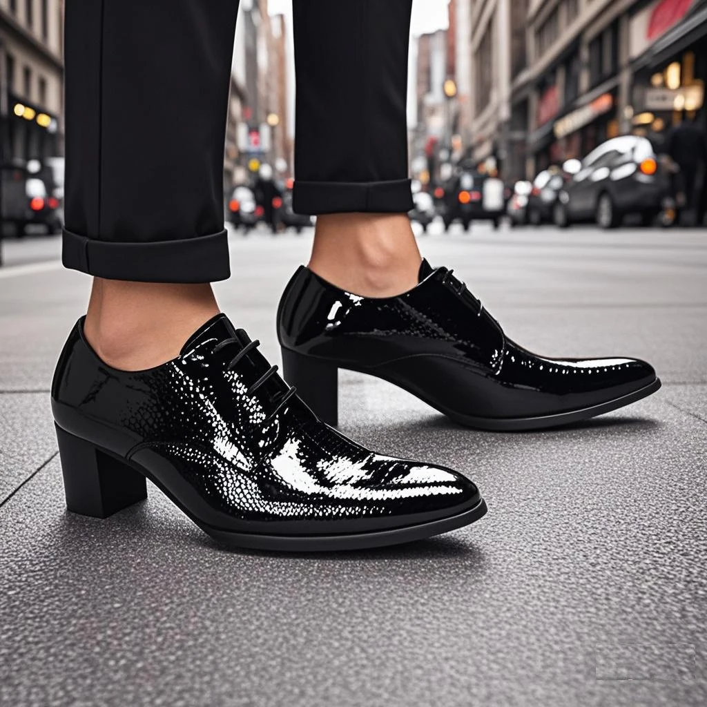 Men's Genuine Leather Pointed‑Toe Lace‑up Thick‑Heel Height‑Increase Trendy Dress Shoes Footwear For Summer Banquet Party Stage