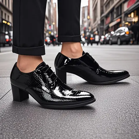 Summer Frenulum Thick heel shoes mens pointed toe shoes male Trend high heel Heightened shoes trend leather Heightening