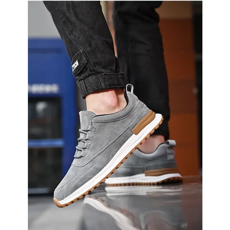 Fashion Men's Suede Leather Casual Sneakers Gray Elastic Slip On Design Two Tone Anti-Slip Sole Lightweight Daily Commute Shoes view 3
