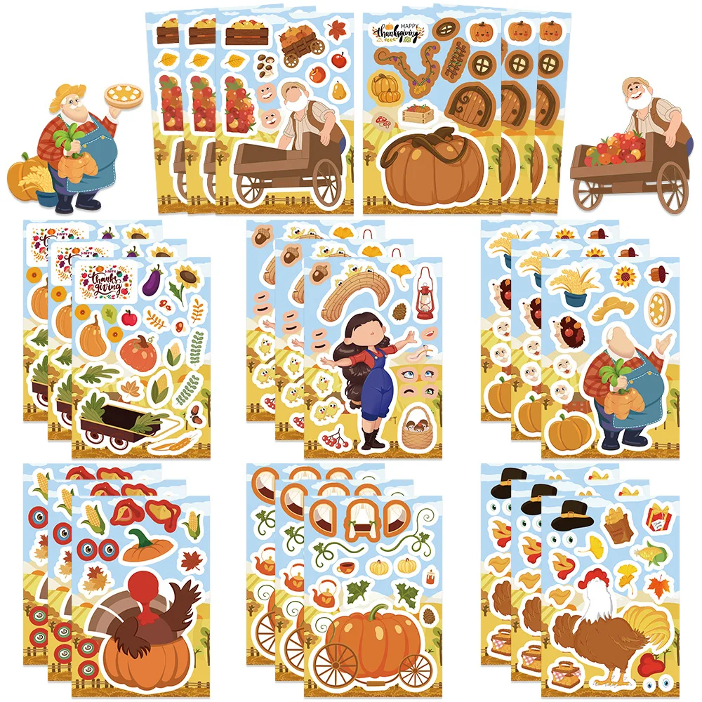 8/16/32Sheets Cute Thanksgiving Day Make A Face DIY Puzzle Stickers Dress Up Game Face Funny Assemble Stickers Kids Toys Gifts