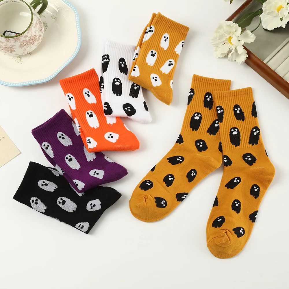 Women Cute Funny Halloween Mid Calf Socks Casual Cosplay Ghost Print Comfortable Elastic Cuff Skin Friendly Short Socks