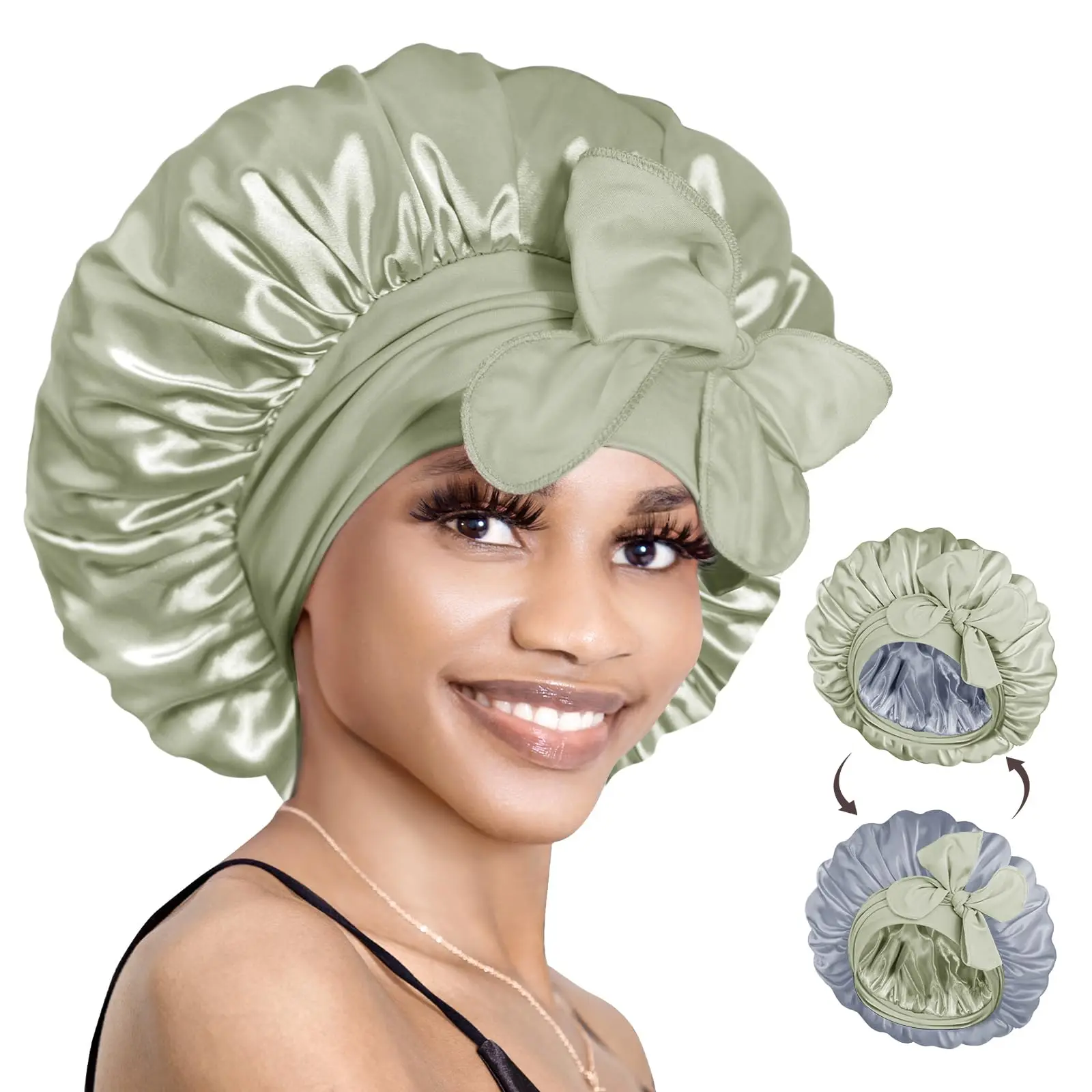 BONNET QUEEN Silk Bonnet for Sleeping Women Hair Double Layer Satin Tie Sleep Wrap Night Cap Curly Matcha Green and Silver