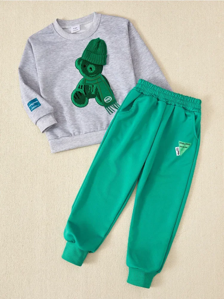 Spring Kids Clothes Girls Embroidery Cartoon Bear Sweater Pullover Pants Suit Children Boy Top and Bottom Set Tracksuit Rope