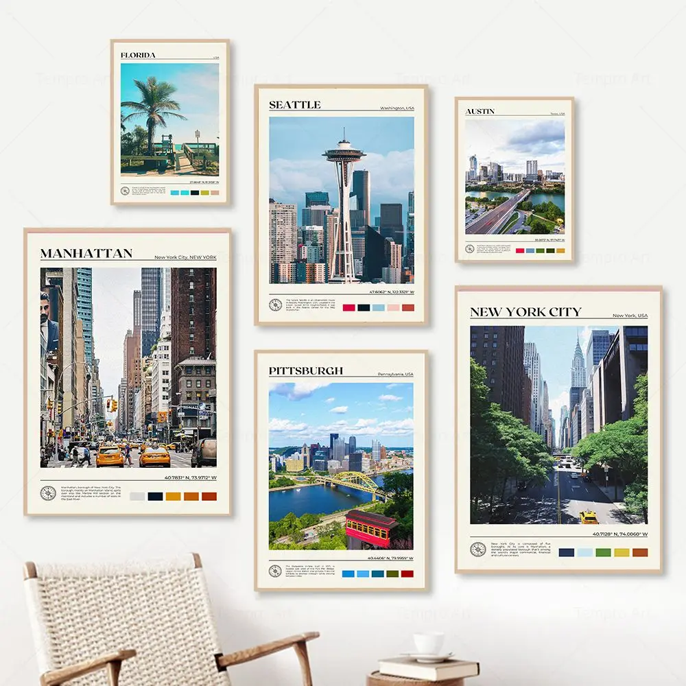 USA Travel Poster Los Angeles Philadelphia New York New Jersey Louisiana Print Maui Miami Canvas Painting Wall Art Home Decor