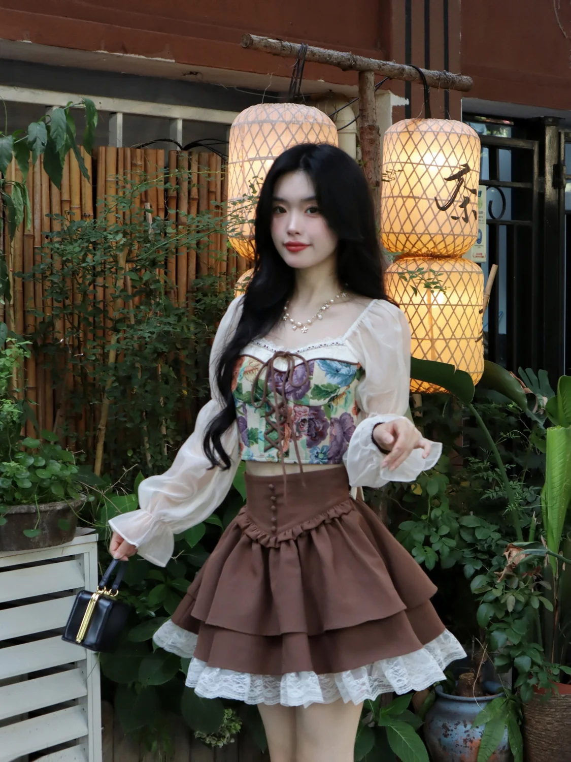 Fashion Sweet Two Piece Sets Slim Fit Lace Up Mesh Long Sleeve Tops Women+ Y2k High Waiast Brown Ruched Bow Skirts Summer New