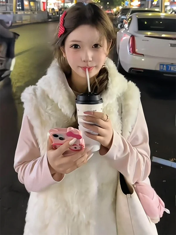 

Korean Style Bear Ear Faux Fur Vest Hooded Lamb Fur Plush Autumn Winter New Style Women's Fashion Commute Style Vest Jacket