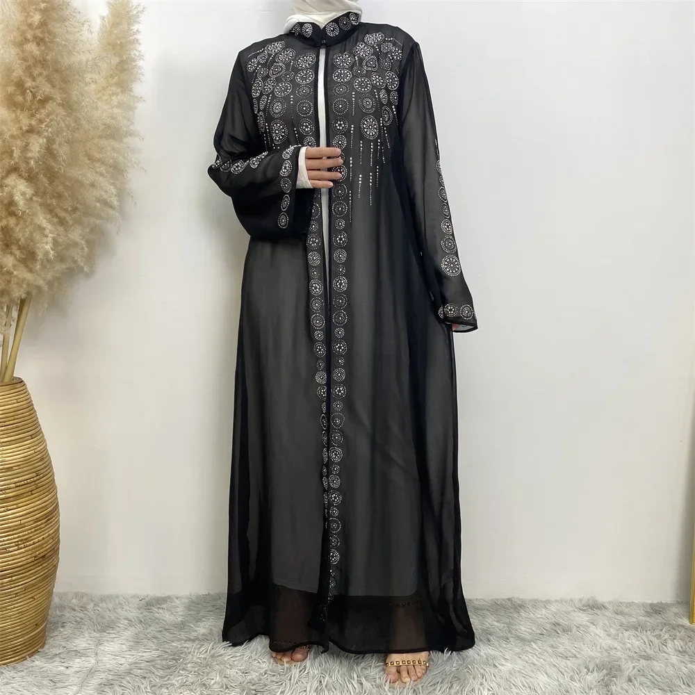 

Diamond for Muslim Women Chiffon Open Cardigan Abaya Kimono Maxi Dress Turkey Dubai Arab Kaftan Eid Party Morocco Gowns Jalabiya