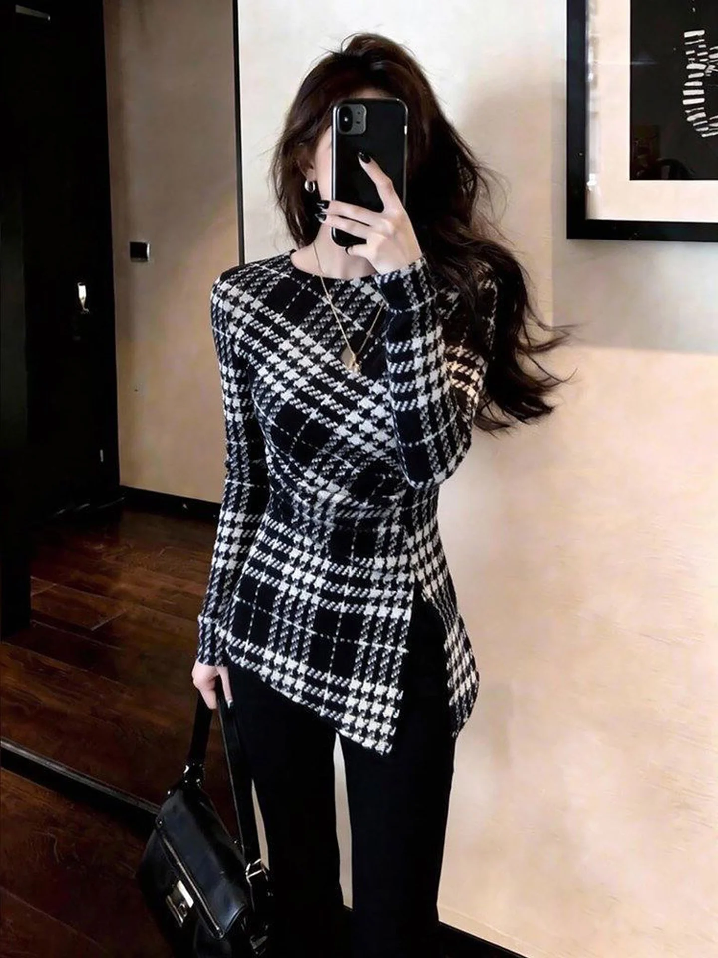 Retro Stylish Plaid Waist-Cinching Long Sleeve round Neck Women's Top Autumn New Split Slimming Design Korean Style T-shirt