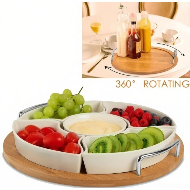 360° Rotating Ceramic Divided Serving Tray Lazy Susan Chip and Dip Set with Removable Bowls Bamboo Serving Platter for Taco Bar