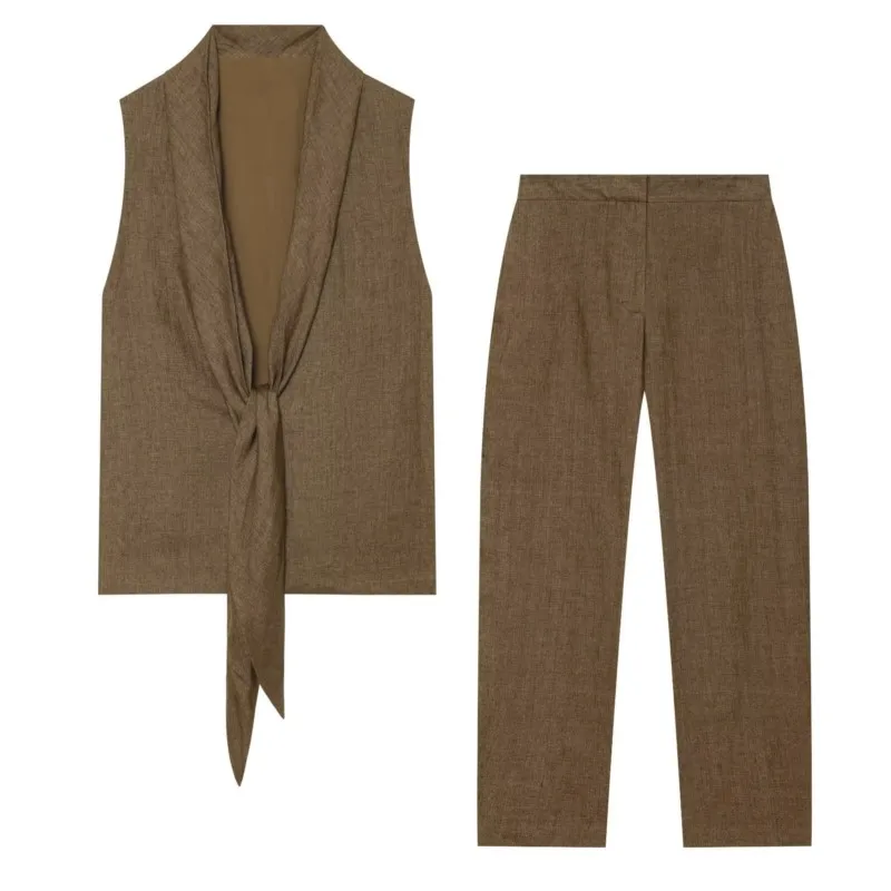 Women's slim‑fitting Waistcoat Pants Set New  Sleeveless Tops with Knot Elastic Waist Lantern Trousers Set Female Outfit