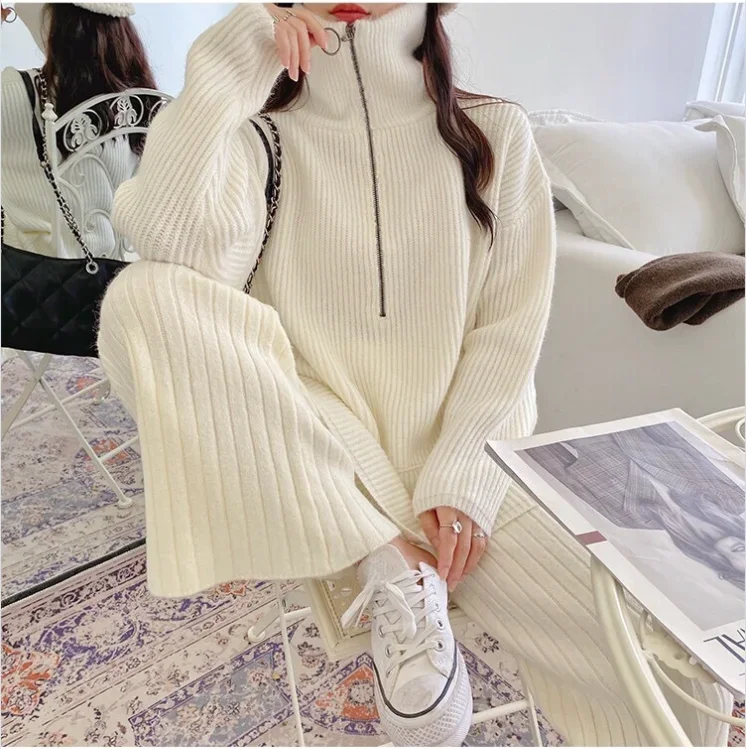 Autumn Winter Zipper Sweaters Set Thickening Warm Knitted High Waist Women Pants Suit White Elegant Two Piece Set fall 2024