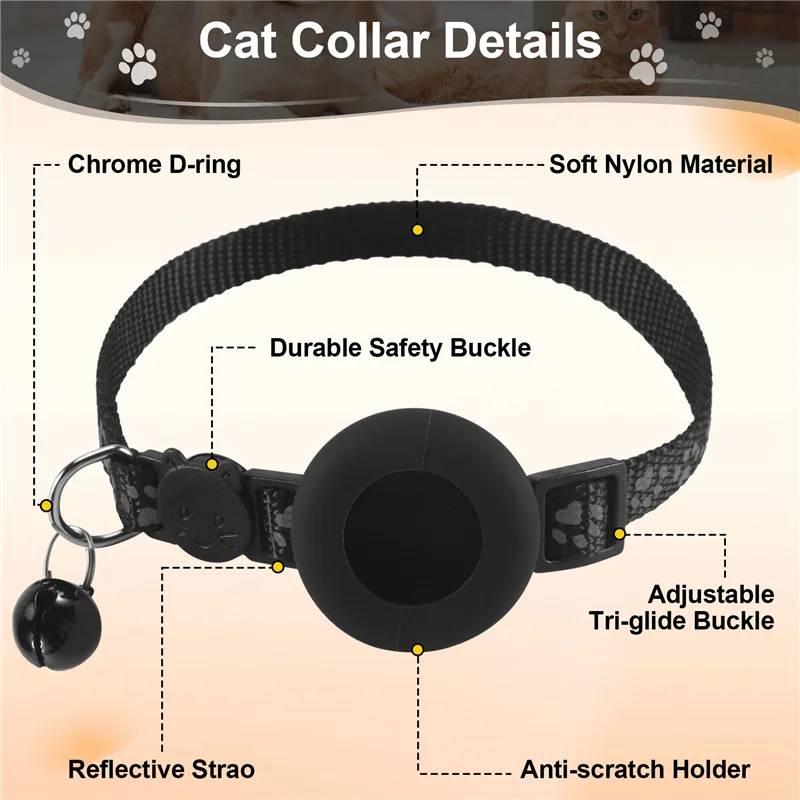 A67M-Cat Collar, For  Air Tag Cat Collar With Safety Buckle And Bell, Reflective Cat Collar In 3/8Inch Width