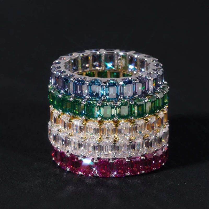 

S925 Silver Emerald Cut VVS D Color Eternity Colored Moissanite Diamond Fine Jewelry Enterity Wedding Ring for Men Women