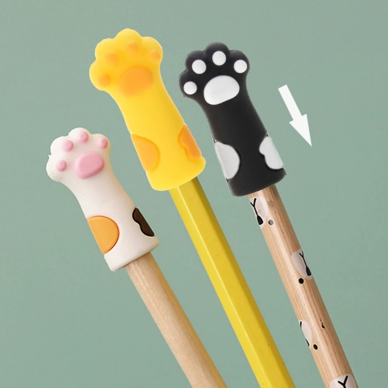 3Pcs Cute Cat Paw Design Silicone Pencil Caps Anti-Chewing Toppers Pen Covers for Kids Birthday Party Favors