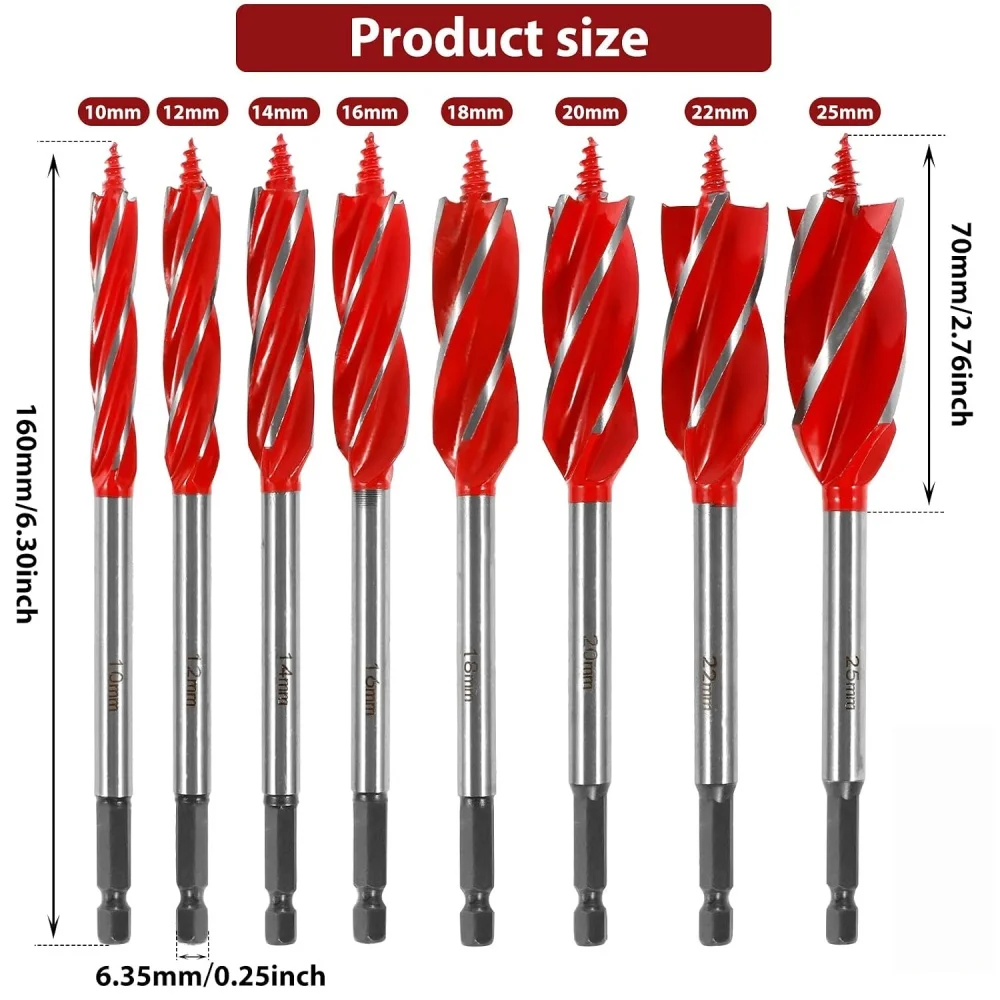 8PCS Wood Auger Drill Bit 10-25mm Four Flute Hex Shank Brad Point Bit for Fast Deep Hole Drilling in Wood