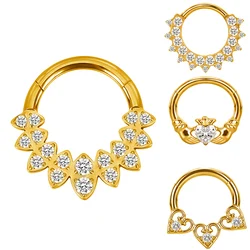 ASTM F136 Titanium EAR PIERC Fan-shaped and Heart CZ Hoop Nose Rings Hinged Clicker Labret Tragus Ring Body Piercing Jewelry