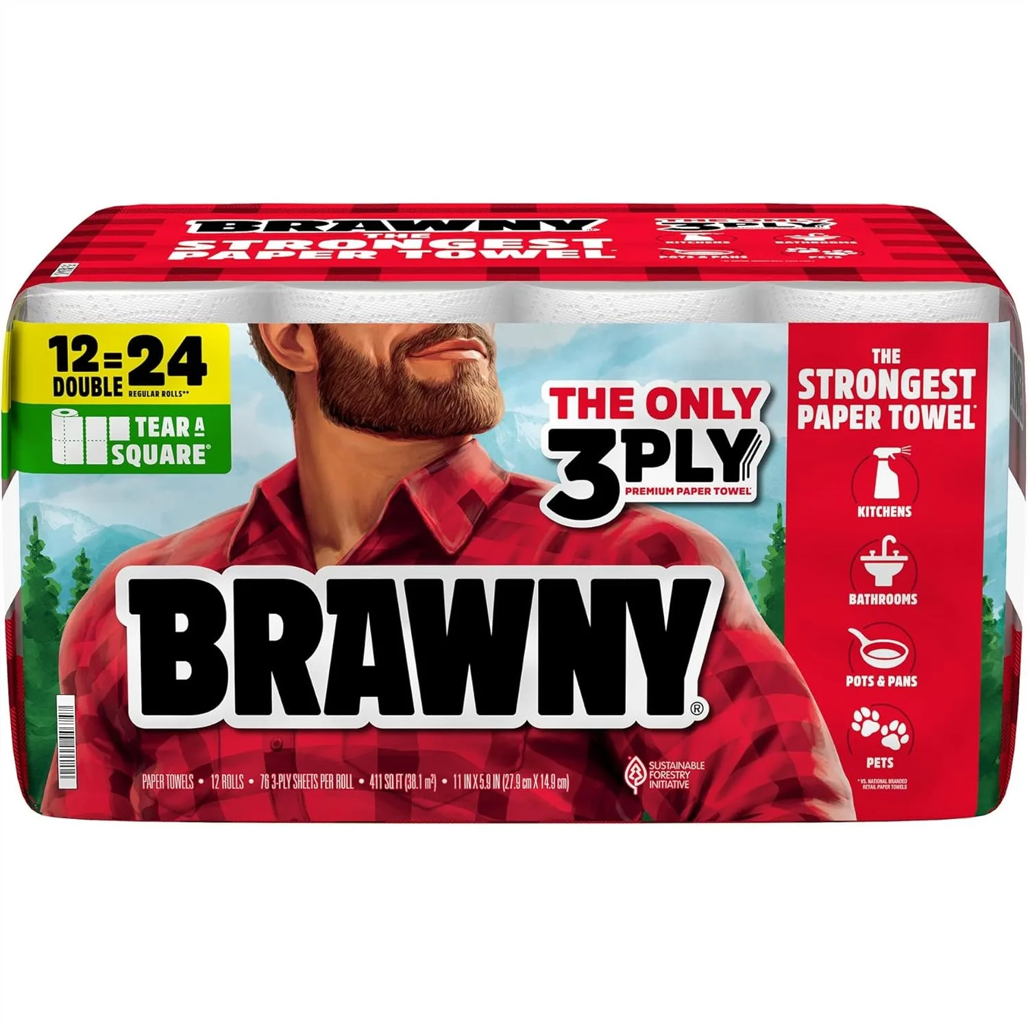

3-Ply Paper Towels, 12 Double Rolls = 24 Regular Rolls, Strong and Absorbent with 3 Sheet Sizes for Custom Cleanup