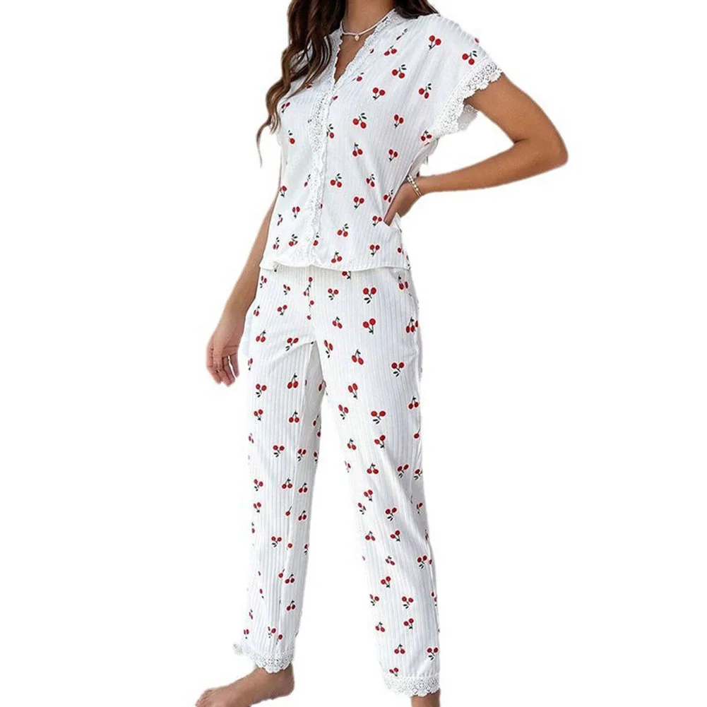 Women Lace Trim Short Sleeve Stretch Top Long Pants For Cherry Print Soft Sleep 2 Piece Pajama Set Breathable Lounge Pajama