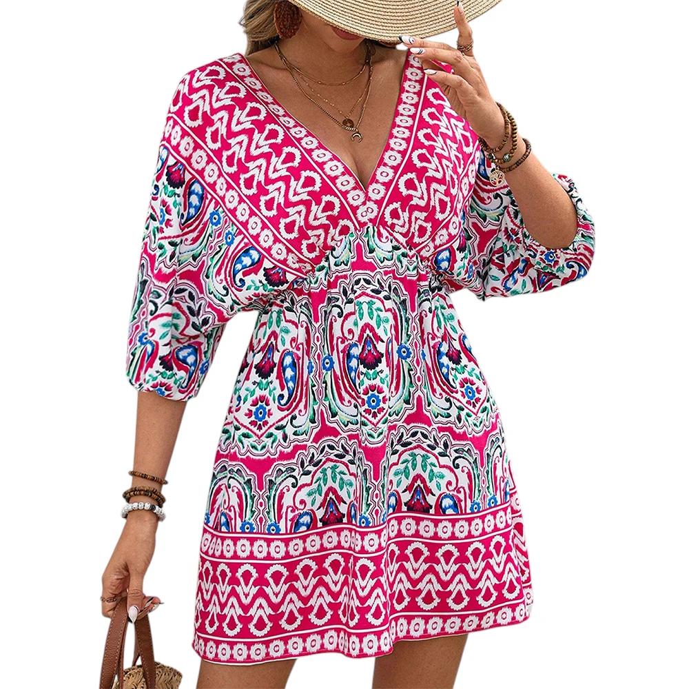 夏のレディースカジュアルビーチホリデープルオーバーサンドレス、女性用ボヘミアン風花柄Vネックランタン袖バックレスミニドレス