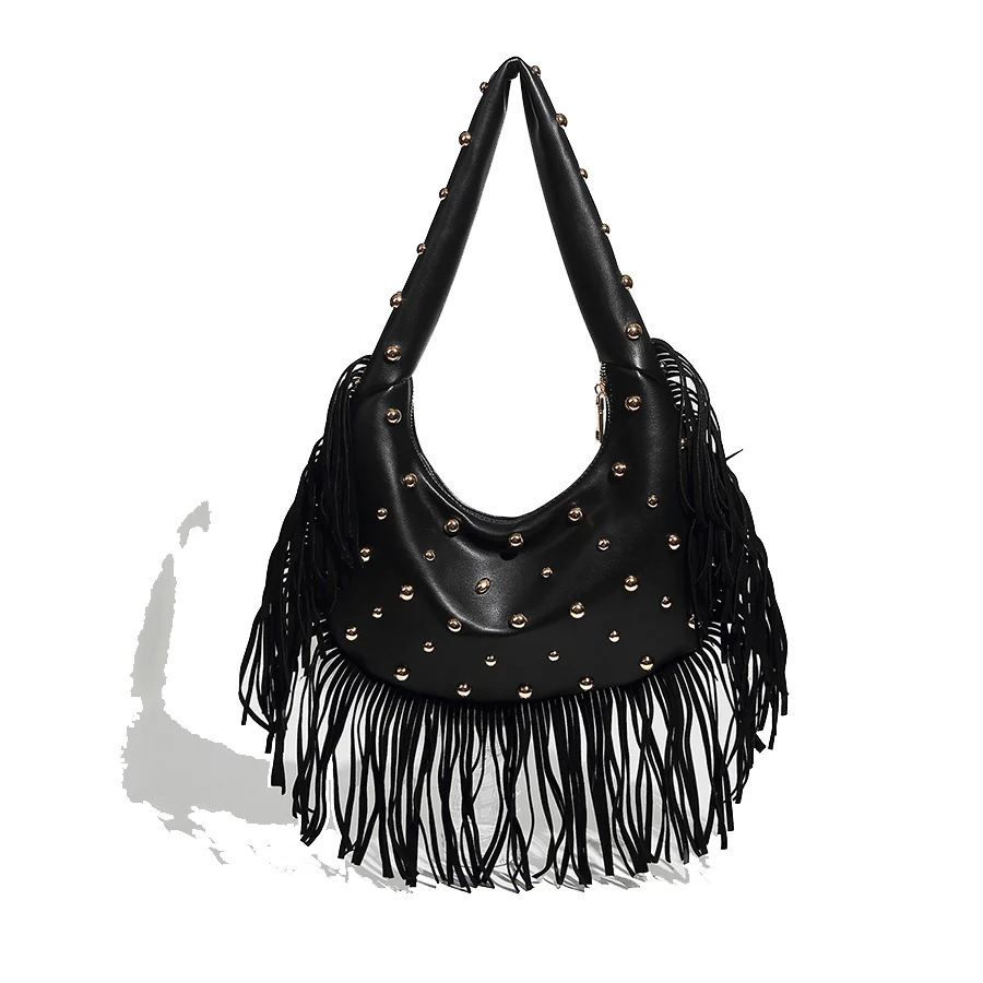 Retro individual fringed rivet handbags trendy large capacity women's simple single-shoulder bags pu leather zip top handle bags