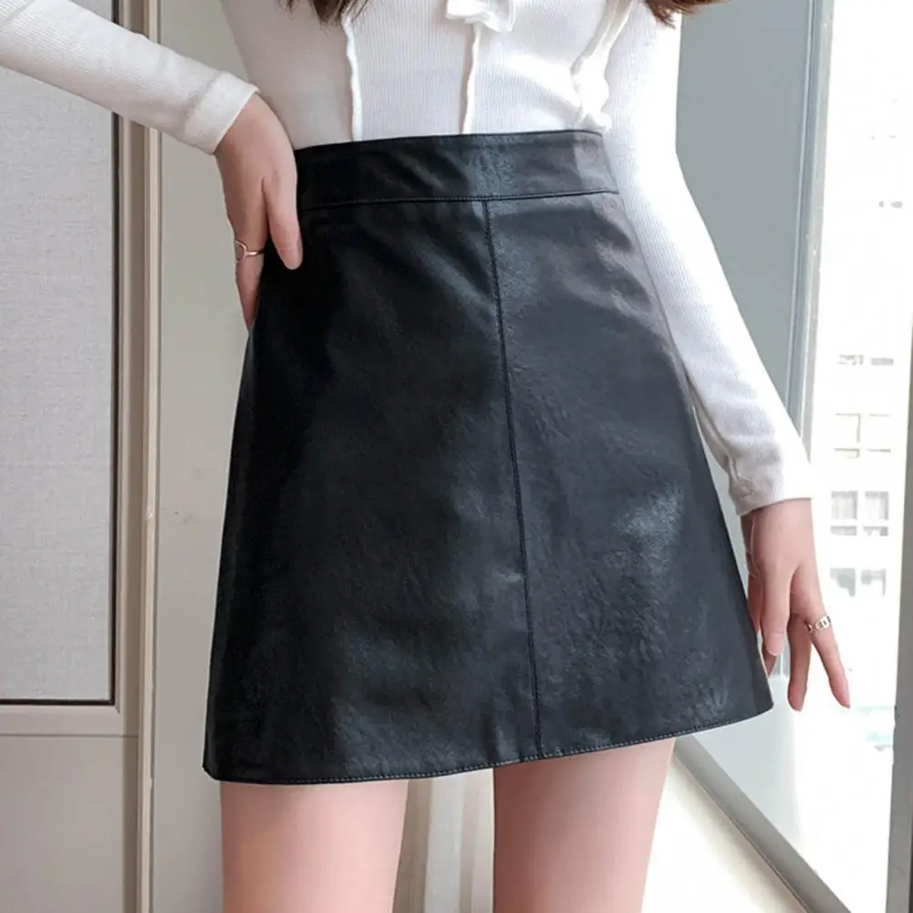 

Women Skirt Faux Leather A-line Sheath Slim High Waist Layers Inner Lining Anti-exposure High Wasit Skirts