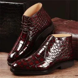 Men Ankle Boots Crocodile Pattern Square Toe Lace-Up Fashion Versatile Business Casual Party Daily Business Men Short Boots