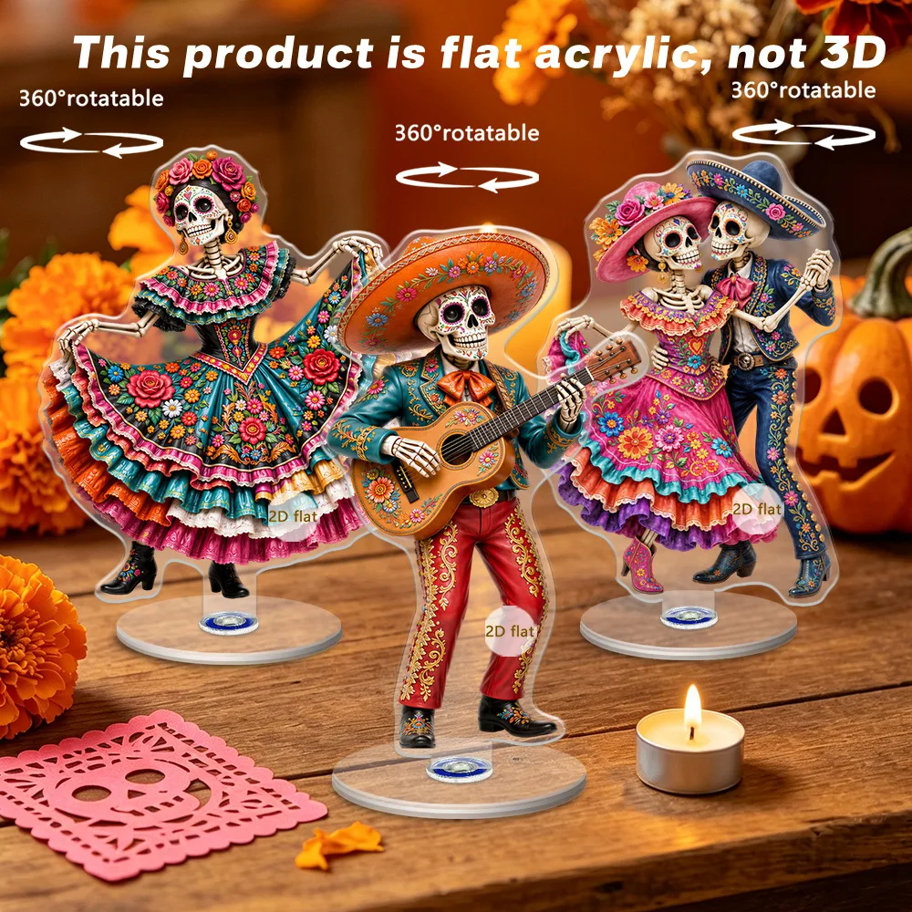 360° Rotating Acrylic Sugar Skull Tabletop Decor, Mexican Dia De Los Muertos Calavera Ornament, Colorful Floral Skull Display