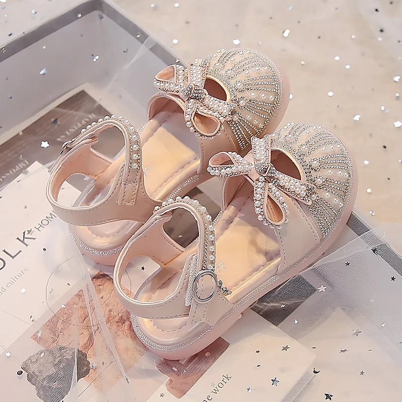 Kids'Casual Shoes Sandals Bow Fashion Crystal Sequin PU Leather Summer Shoes For Hook and Loop Girls Soft Bottom Silver Shoes