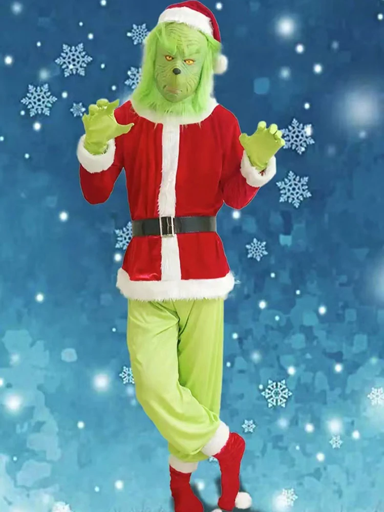 High Quality Santa Claus Grin Christmas Costume Complete Set Coat Pant Hat Mask Adult Cosplay Party Green Monster Shaggy Costume