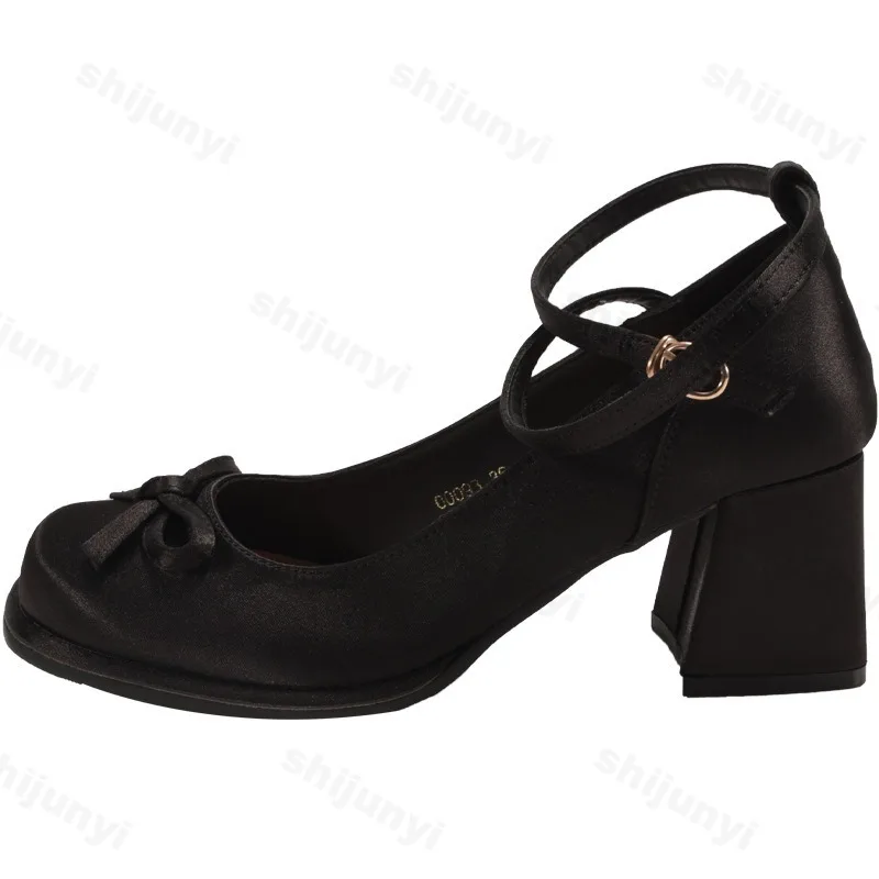 أحذية نسائية مشبك حزام المرأة عالية الكعب 2025 جديد الخريف موضة فراشة عقدة فستان مضخات النساء أحذية ماري جين الضحلة