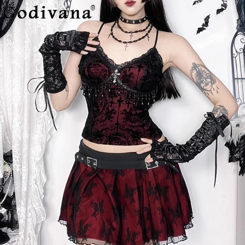 

Gothic Style Lace Camisole Set Women Subculture Tank Top High Waist Hot Girl Y2K Mini Skirt Suits Female Two Pieces Outfits