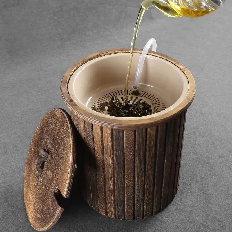 Solid Wood Tea Caddy with Dry Wet Compartment, Vintage Style Tea Waste Bin for Brewing & Cleaning, Dual-Use Tea Table