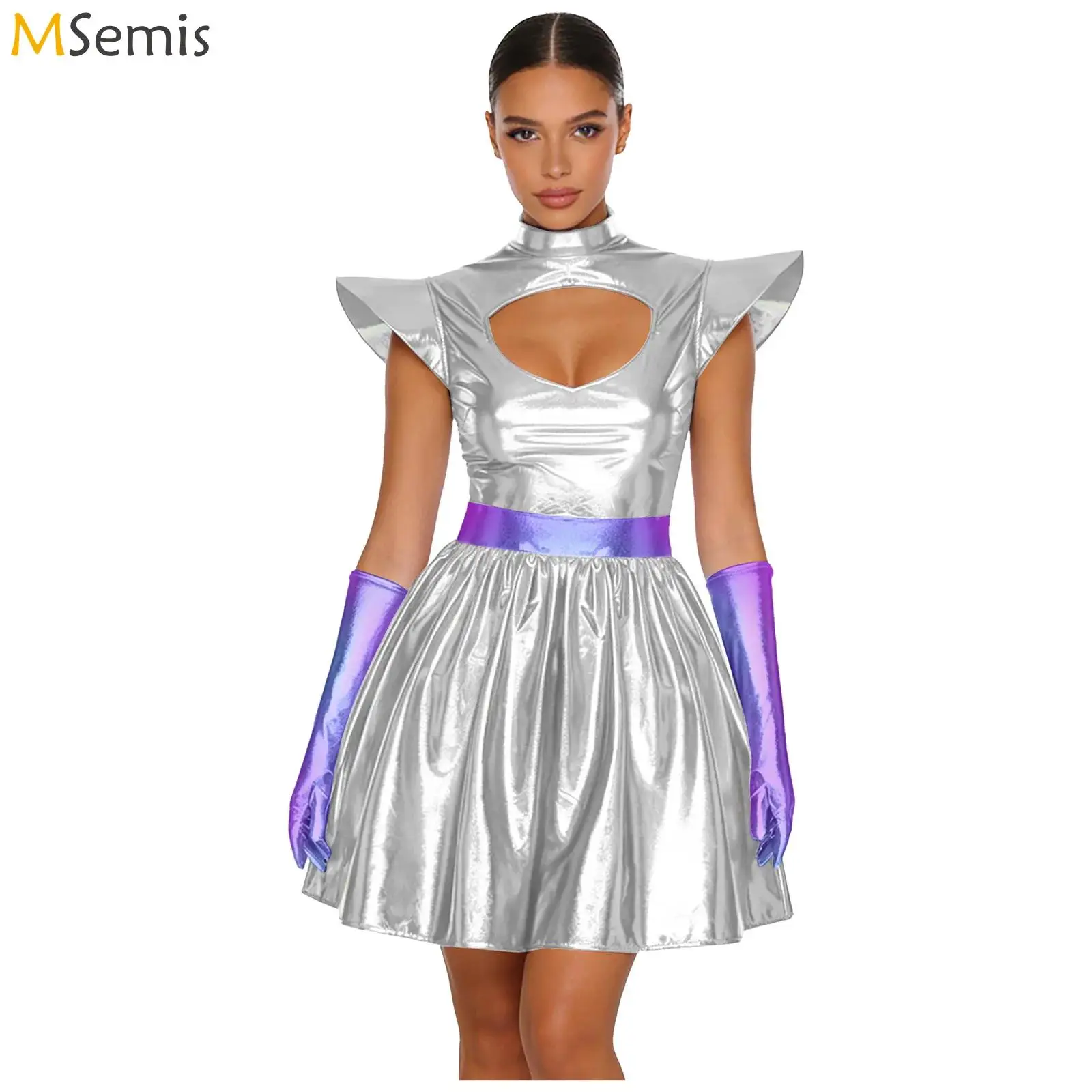 

Womens Astronaut Metallic Shiny Alien Dress with Gloves Outer Space Cosplay Costume Structured Shoulder Boards A-line Dress