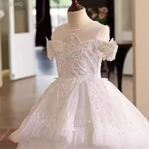 Girls White Princess Birthday Party Dress Pageant Gown for Flower Girl WeddingOutfit Formal Evening Performance Party Children