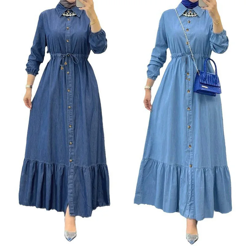 

New Muslim Women's Solid Color Cardigan Fashion Elegant Denim Dress Dubai Luxury Islam Kaftan Dress Abaya Women Kebaya Caftan