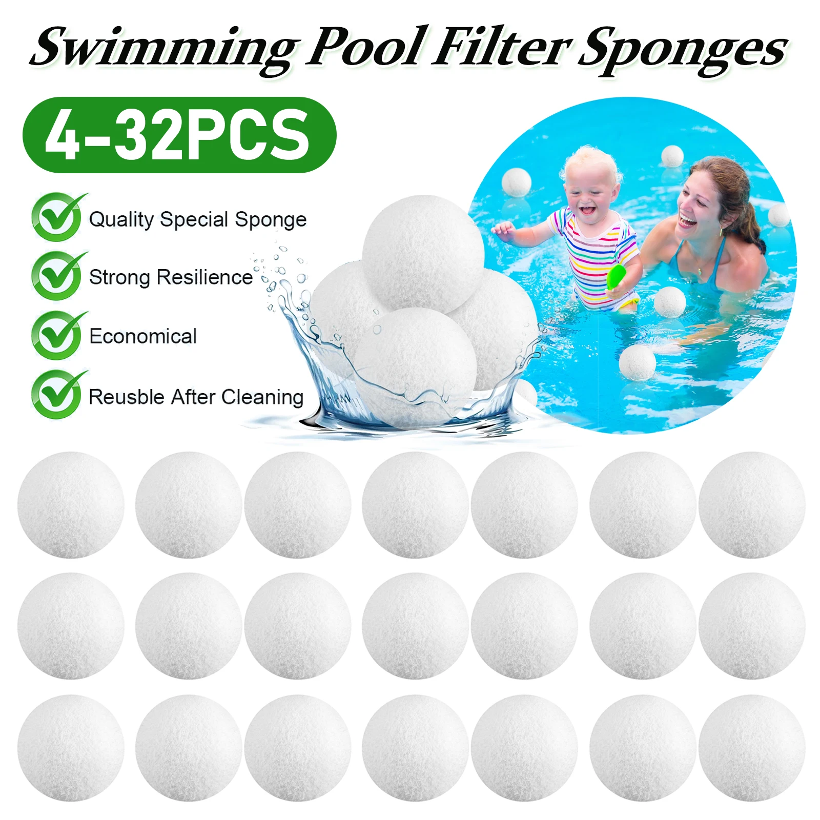 4-32PCS Swimming Pool Filter Sponges Scum Eliminating Ball Oil Absorbing Sponge Tub SPA Oil Absorbing Sludge Cleaning Tool