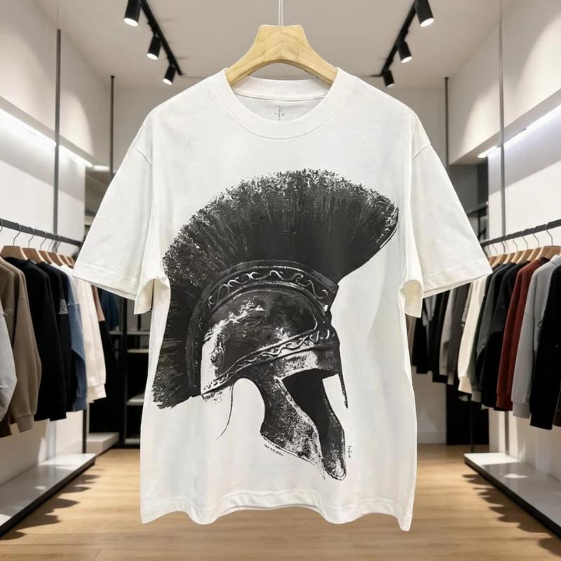 Men Spartan Helmet T-Shirt Greek Warrior Graphic Oversized Gothic Tee