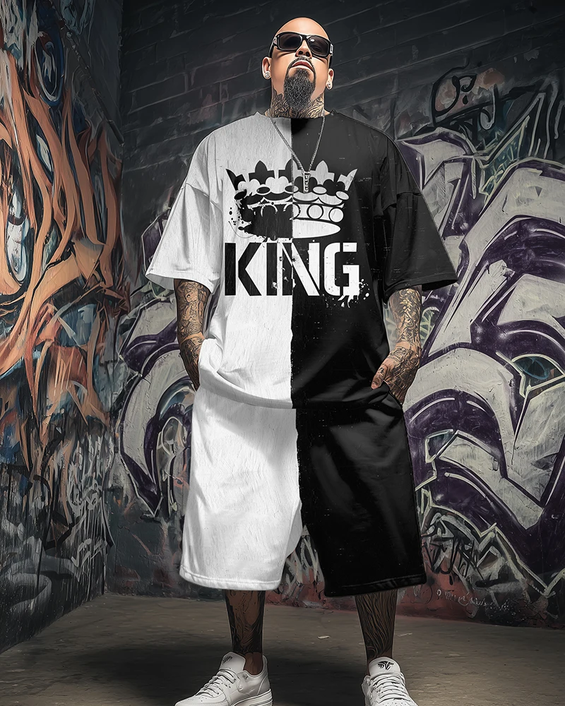 

S-9XL Men's Plus Size King Black and White Contrast Print Short-Sleeved T-Shirt Shorts Two-Piece Set