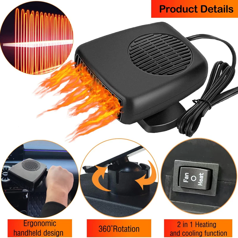 Heating Car Fan Fast Heating Defroster 200W Car Defogger 2 In1 Fast Heating & Cooling Fan Heater Plug Cigarette Lighter