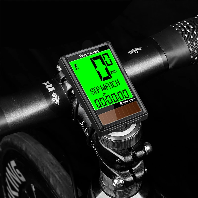 WEST BIKING Solar Powered Bike Speedometer Auto Wake-up Wireless Computer Waterproof Backlight 5 Languages MTB Bicycle Computer