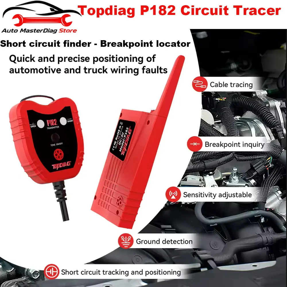 Topdiag P182 Professional Wire Tracer Ground Circuit Line Detector Wall Line Finder Cable Finder Metal Line Locator Continuity