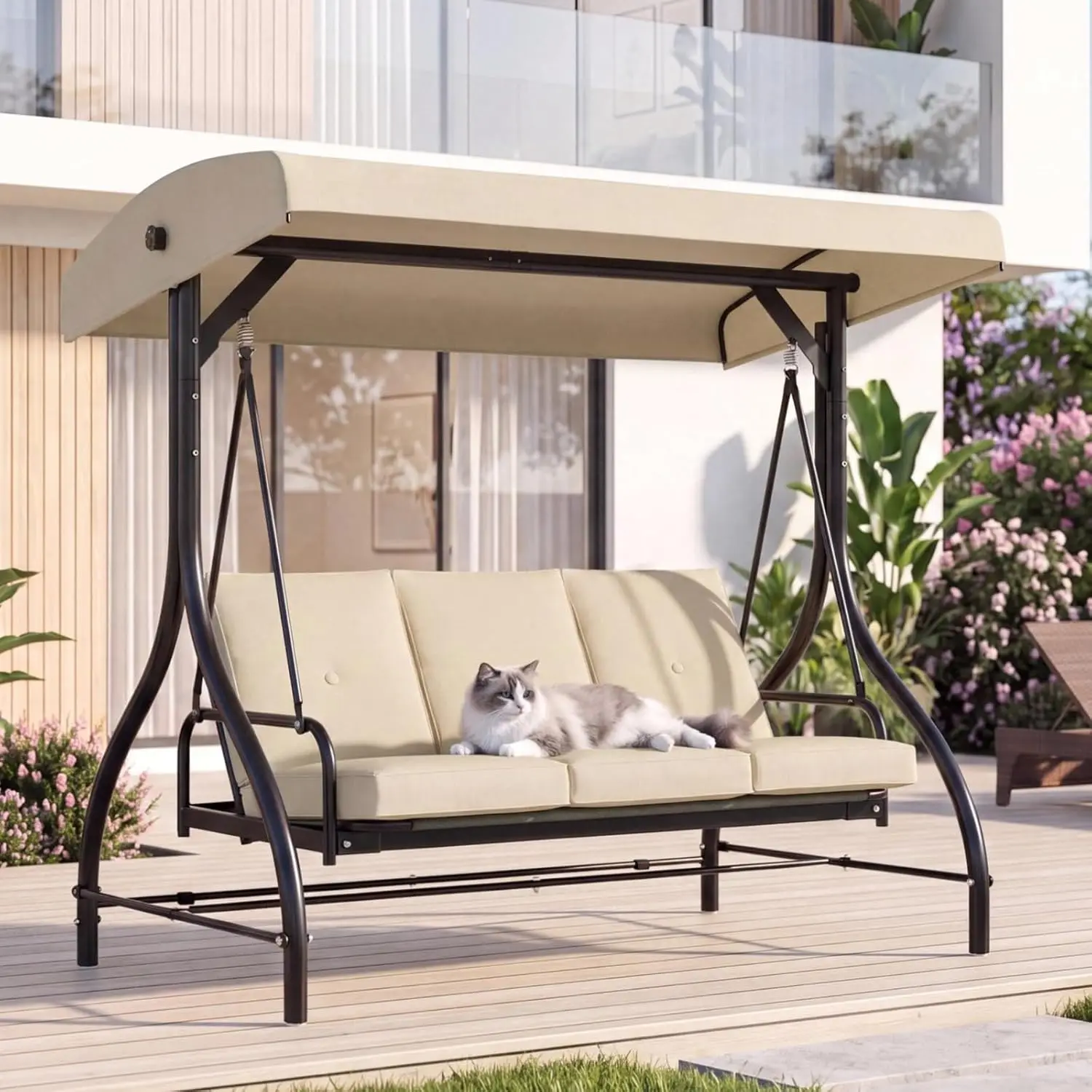 3-Seat Patio Swing with Adjustable Canopy & Backrest | Outdoor Porch Swing for Adults, Outside Porch Converting Bed, Customized