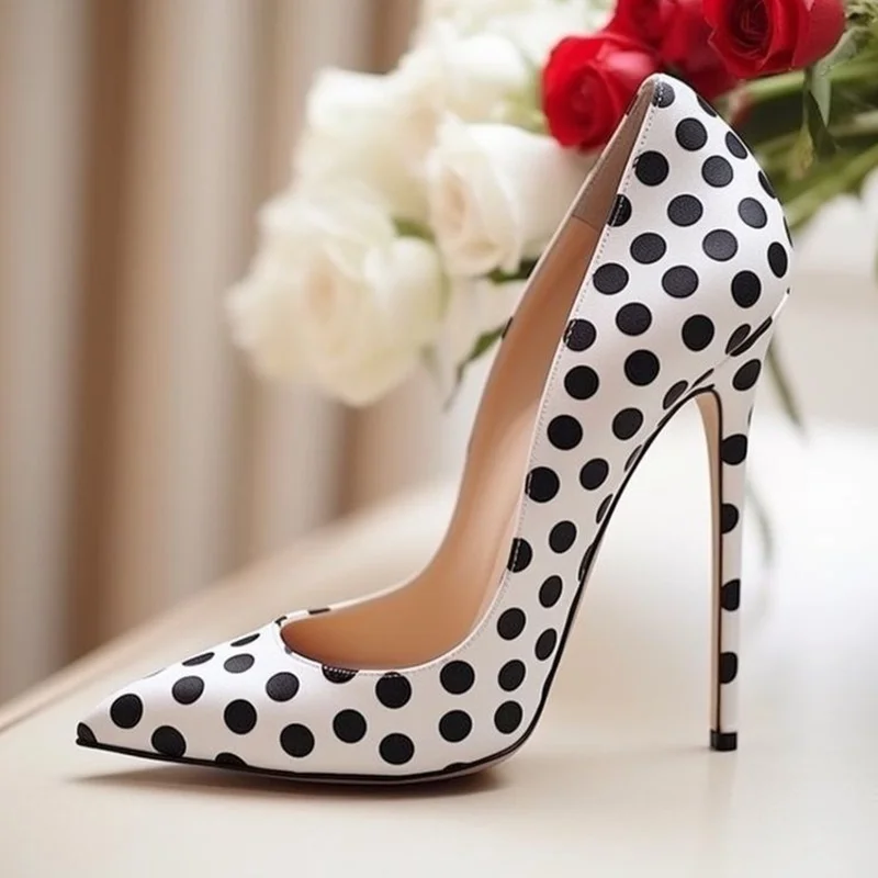 Blue Polka Dot Satin High Heels Shoes Vintage Pointed Toe Stiletto Heeled Slip on 12cm 10cm 8cm Pumps for Party