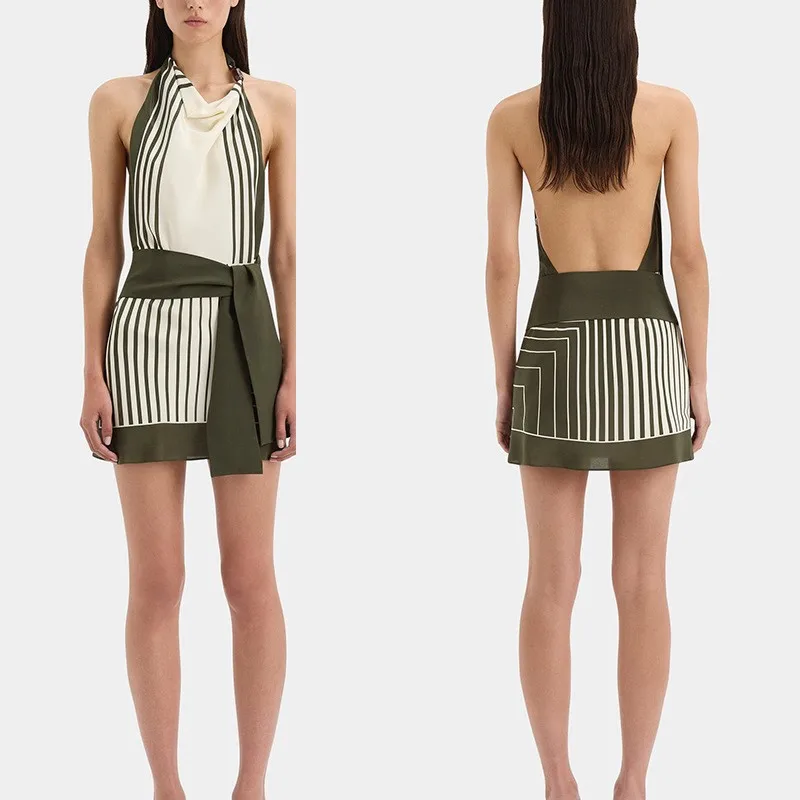 

Fashion Beach Vacation Mini Dress Sexy Backless Halter Sleeveless Short Dress Chic Striped Patchwork Belt Summer Dress 2025 New