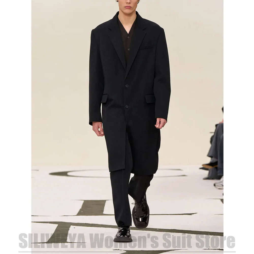 Men Black Oversized Long Blazer 2 Piece Suit Loose Trousers Runway Fashion Outfit Streetwear Wedding Party Business Tuxedo