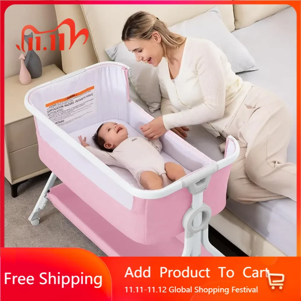 Baby Bassinet, Baby Bassinet Bedside Sleeper with Storage Basket and Wheels, Height Adjustable Portable Crib for Newborn Infant