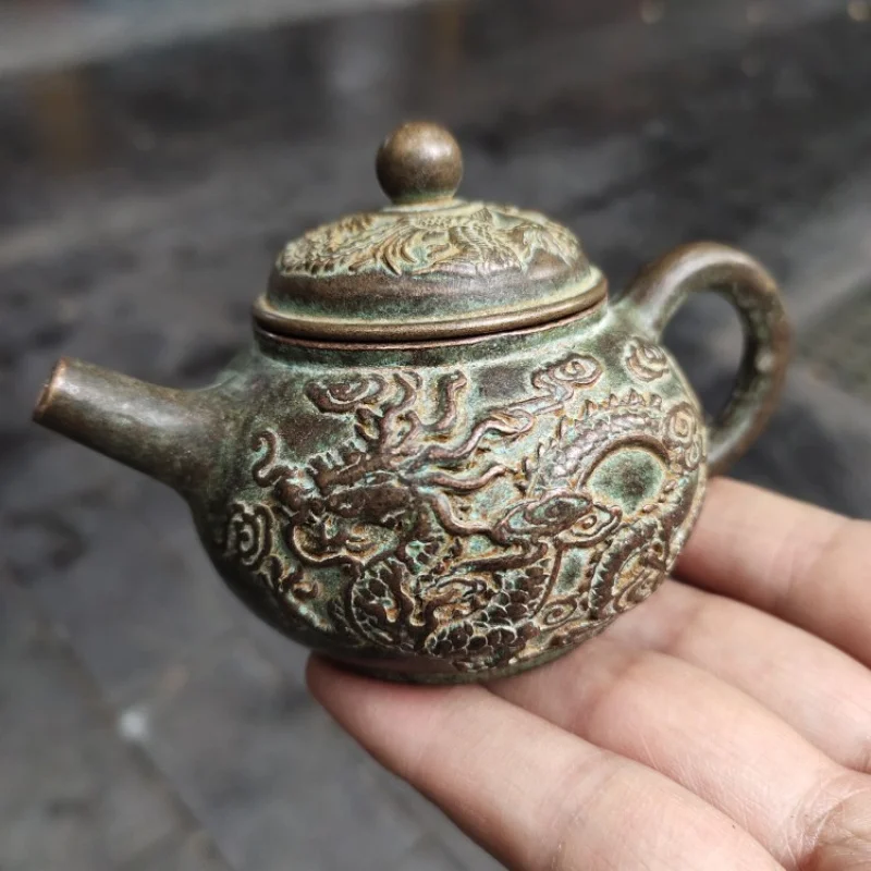 Antique Copperware Collection Copper Dragon Phoenix Wine Pot Patina Old Style Home Tea Ceremony Craft Orament
