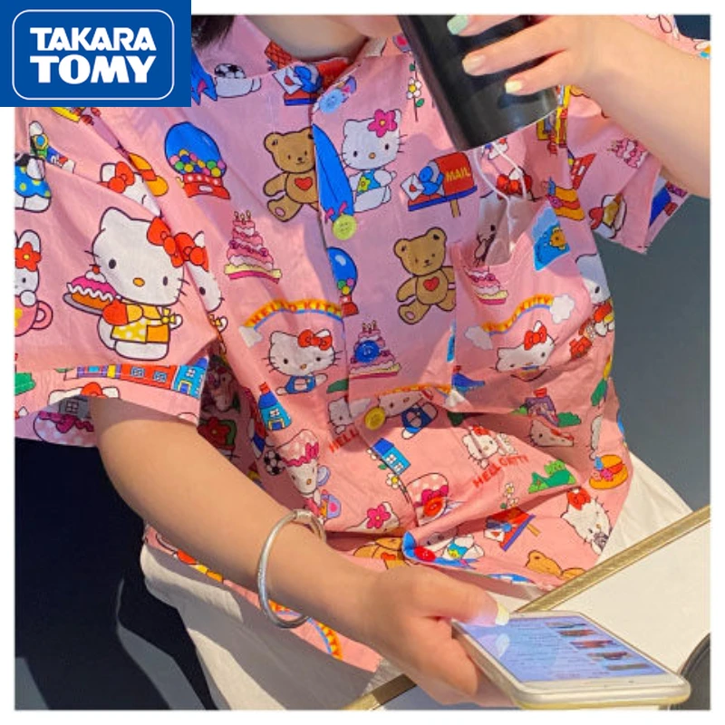 

TAKARA TOMY2022 Spring Summer Female Hello Kitty Pink Cartoon Print Short-sleeved Shirt Girl Sweet and Cute Cardigan T-shirt Top